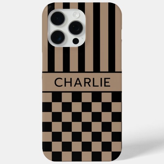 Zwart en bruin geruit gestreept gepersonaliseerd h Case-Mate iPhone case (Achterkant)