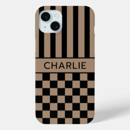 Zwart en bruin geruit gestreepte gepersonaliseerde iPhone 15 mini hoesje