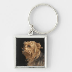 Zwart en bruin Yorkie links profiel op zwart Sleutelhanger