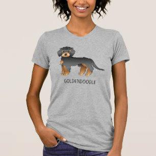 Zwart en bruine mini Goldendoodle cartoonhond en t T-shirt