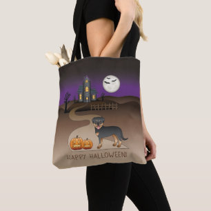 Zwart en bruine Rottweiler Halloween spookhuis Tote Bag