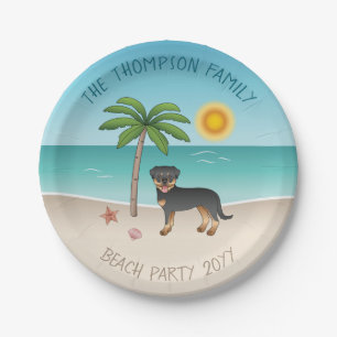 Zwart en bruine Rottweiler op een tropisch zomerse Papieren Bordje