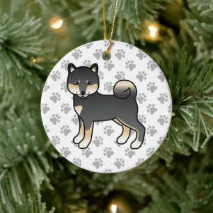 Zwart en bruine Shiba Inu Cartoonhond Illustratie Keramisch Ornament