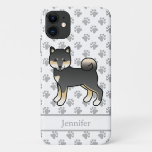 Zwart en bruine Shiba Inu Cartoonhond & Naam Case-Mate iPhone Case