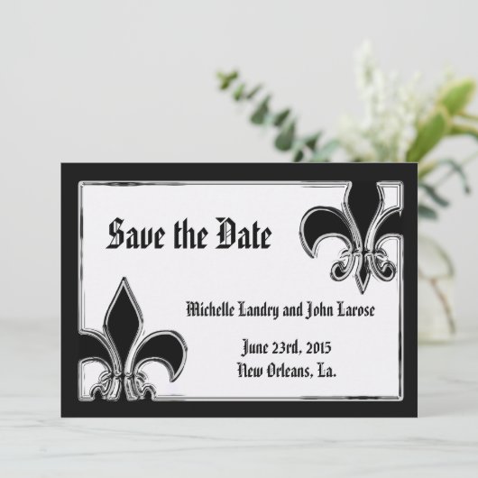 Zwart en chroom Fleur de Lis Save the Date (Staand voorkant)