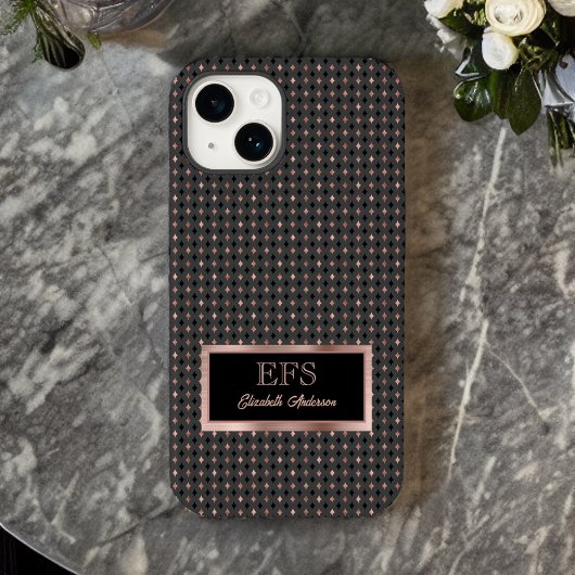 Zwart en Coppery Faux Roos Goud Elegant Monogram Case-Mate iPhone Case