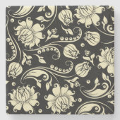 Zwart en crème  bloemdamast stenen onderzetter (Voorkant)