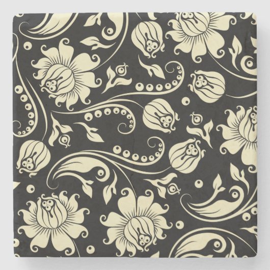 Zwart en crème bloemdamast stenen onderzetter (Voorkant)