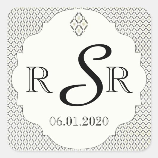  zwart en crème diamanten bruiloft monogram vierkante sticker (Voorkant)