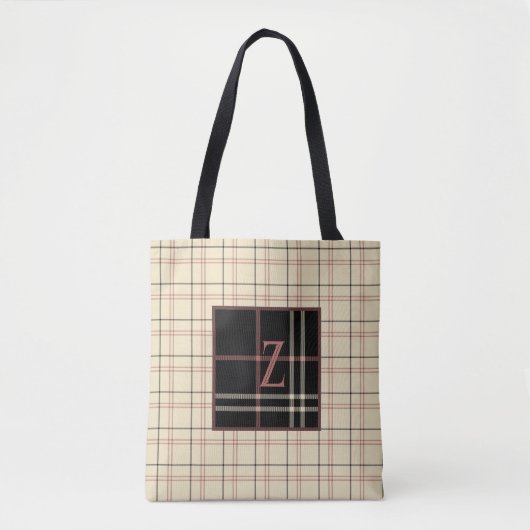 Zwart en crème met roze Initiaal Tote Bag (Voorkant)