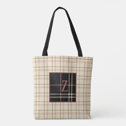 Zwart en crème met roze Initiaal Tote Bag (Achterkant)