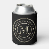 Zwart en Crème Trouw Monogram Hart Blikjeskoeler (Blikje Voorkant)