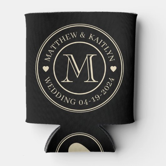 Zwart en Crème Trouw Monogram Hart Blikjeskoeler (Voorkant)