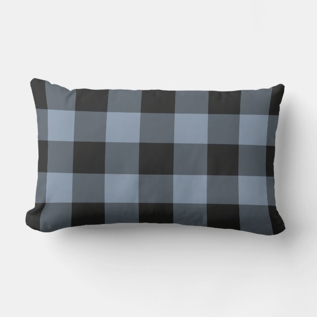 Zwart en Denim Blue Gingham Buffalo Check Pattern Buitenkussen (Voorkant)