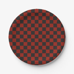 Zwart en diep rood schaakbordpatroon papieren bordje