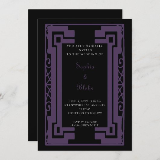 Zwart en donker Paars  decohuwelijk Kaart (Voorkant / Achterkant)