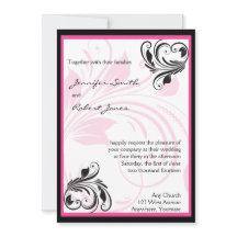Zwart en Donker Roze Bloemen Bruiloft Uitnodiging