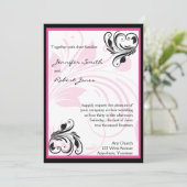 Zwart en Donker Roze Bloemen Bruiloft Uitnodiging (Staand voorkant)