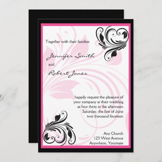 Zwart en Donker Roze Bloemen Bruiloft Uitnodiging (Voorkant / Achterkant)