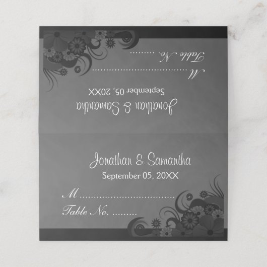 Zwart en Donkergrijs Hibiscus Bloemen Gevouwen Taf Plaatskaartje (Buitenkant ongevouwen)