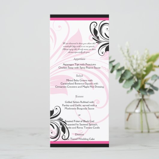 Zwart en Donkerroze Bloemenrol Bruiloft Menu (Staand voorkant)