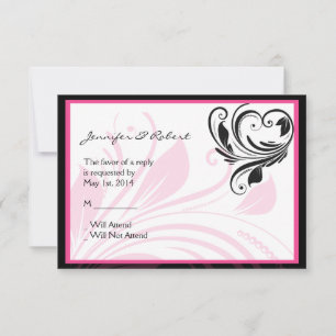 Zwart en Donkerroze Floral Scroll Response Kaart