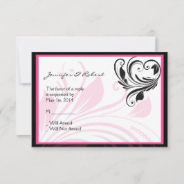 Zwart en Donkerroze Floral Scroll Response Kaart