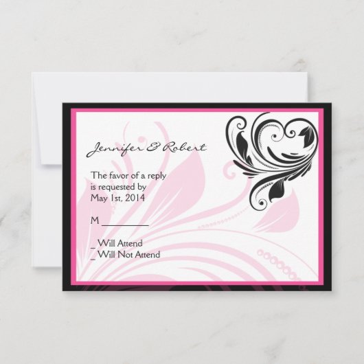 Zwart en Donkerroze Floral Scroll Response Kaart (Voorkant)