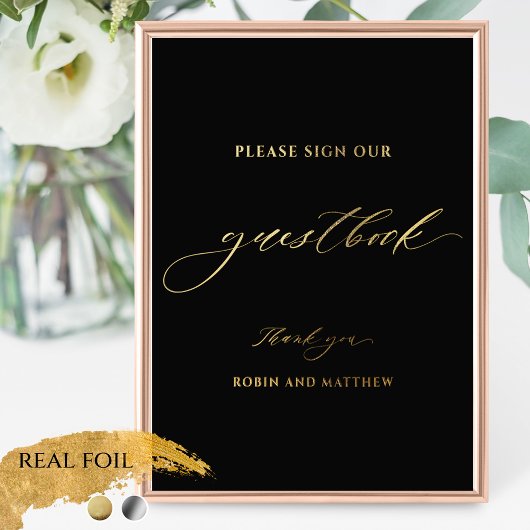 Zwart en Echt Folie Script Wedding Guestbook Sign Folie Afdrukken