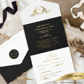 Zwart en Echt Gouden Folie Elegant Monogram Huweli All In One Uitnodiging