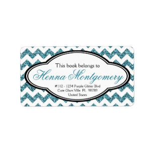 Zwart en Faux Glitter Aqua Blue Chevron Bookplate Etiket