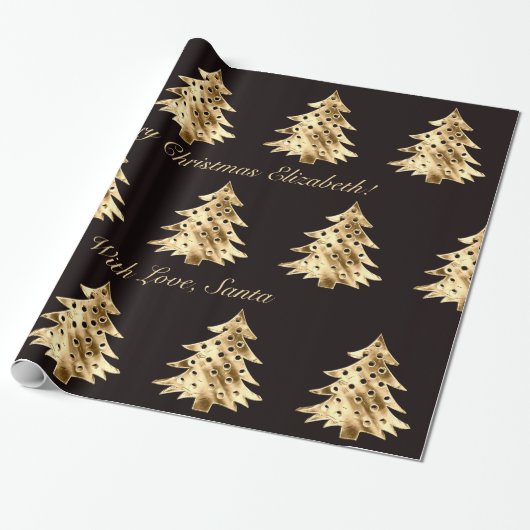 Zwart en Faux Gold Folie Kerstboom Patroon Cadeaupapier (Uitgerold)