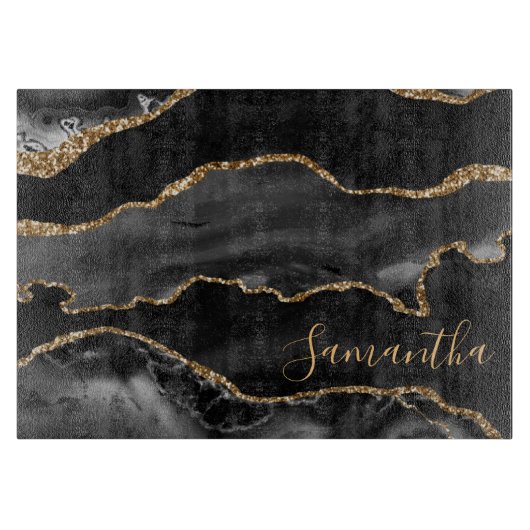 Zwart en Faux Gold Glitter Marble Agate Snijplank (Voorkant)