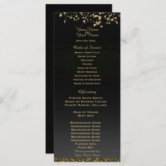 Zwart en Faux Gold Glitter Trouwprogramma (Voorkant / Achterkant)