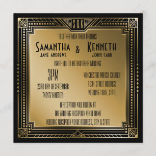Zwart en Faux Gold Great Gatsby Geometric Wedding Kaart