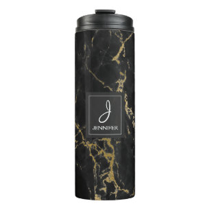 Zwart en Faux Gold Marble Elegant Monogram Thermosbeker