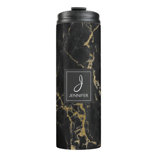 Zwart en Faux Gold Marmer Elegant Monogram Thermosbeker (Voorkant)