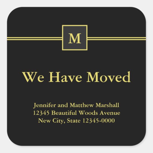 Zwart en Faux Gold Monogram Bewegende aankondiging Vierkante Sticker (Voorkant)