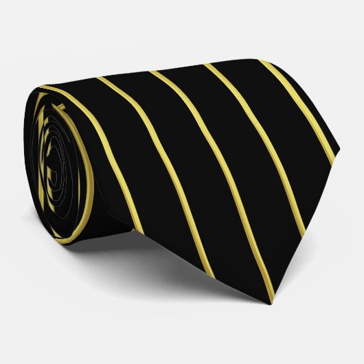 Zwart en Faux Gold Vertical Striped Patroon Stropdas (Opgerold)