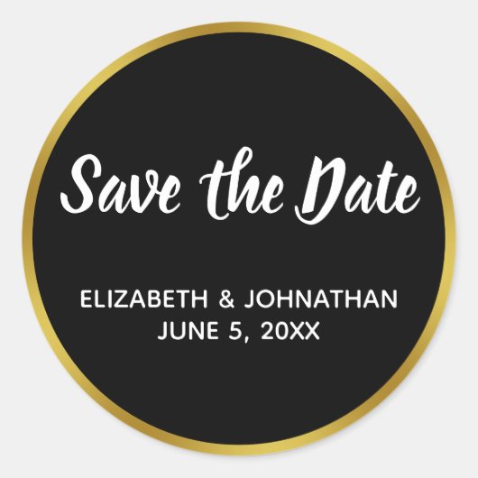 Zwart en Faux Goud Bruiloft Save the Date Ronde Sticker (Voorkant)