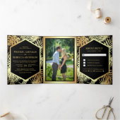 Zwart en Faux Gouden Folie Tropische Palm Bruiloft Drieluik Uitnodiging (Binnen)