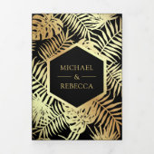 Zwart en Faux Gouden Folie Tropische Palm Bruiloft Drieluik Uitnodiging (Cover)