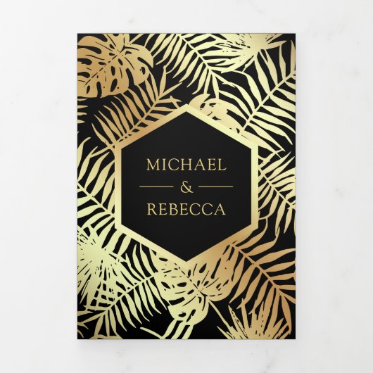 Zwart en Faux Gouden Folie Tropische Palm Bruiloft Drieluik Uitnodiging (Cover)