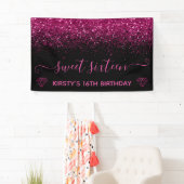 Zwart en faux roze glitter Sweet 16 Spandoek (Insitu)