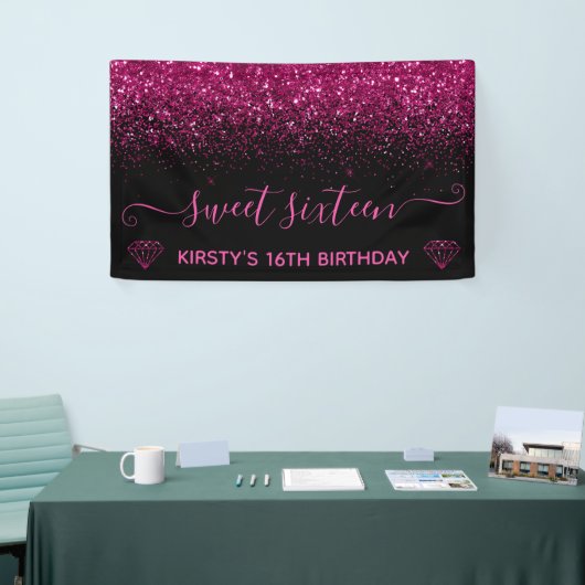 Zwart en faux roze glitter Sweet 16 Spandoek (Beurs)