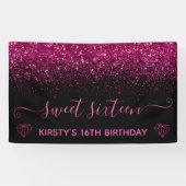 Zwart en faux roze glitter Sweet 16 Spandoek (Horizontaal)