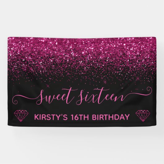 Zwart en faux roze glitter Sweet 16 Spandoek (Horizontaal)