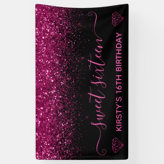 Zwart en faux roze glitter Sweet 16 Spandoek (Verticaal)