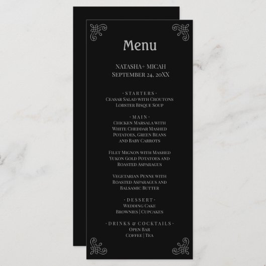 Zwart en Faux Zilver Eenvoudig Elegant Menu (Voorkant / Achterkant)