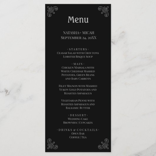 Zwart en Faux Zilver Eenvoudig Elegant Menu (Voorkant)
